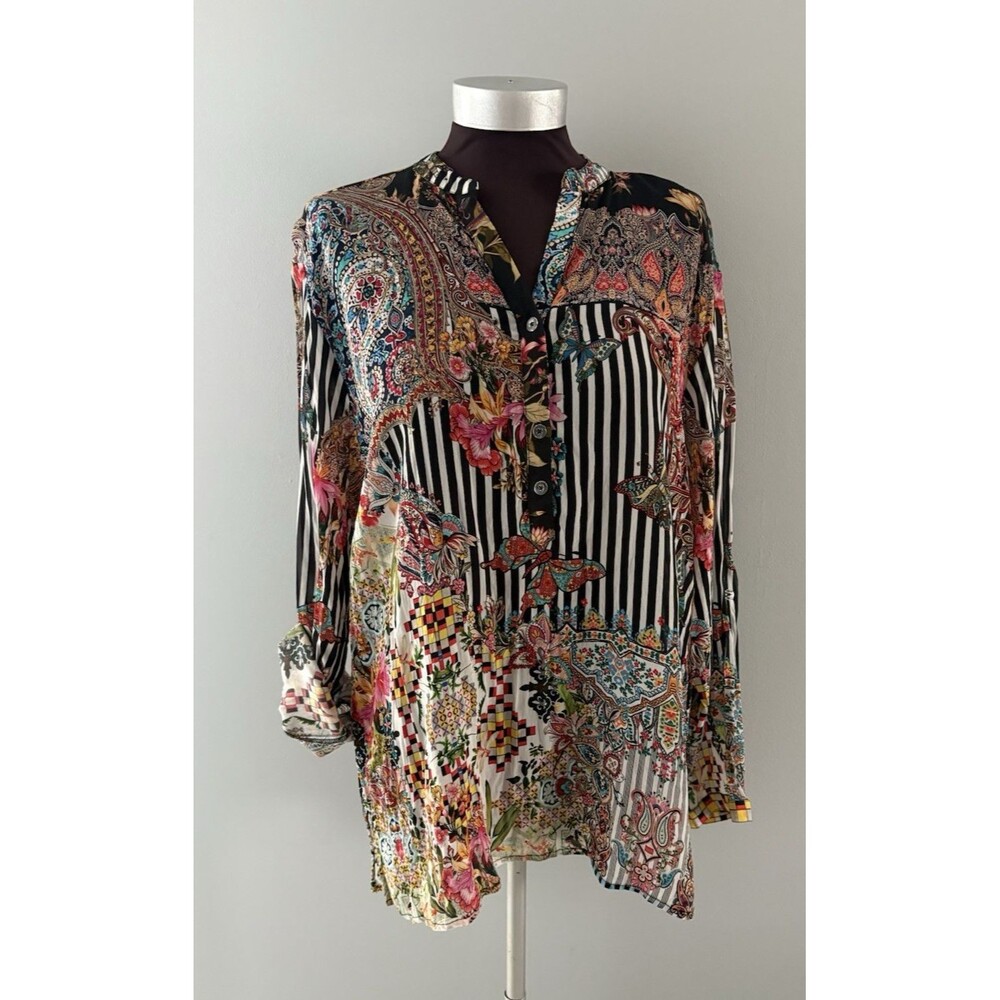 Women's Mixed-Print Button-Front Blouse in Black and Multi